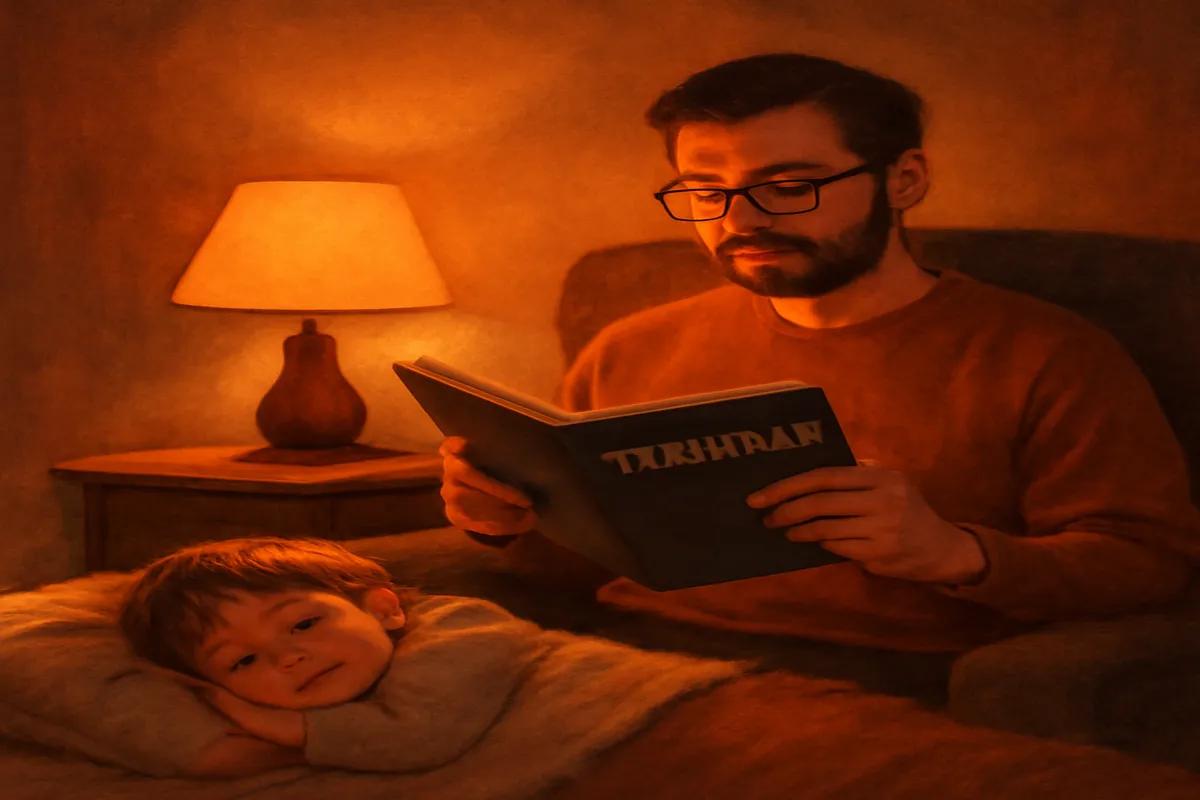 Père lisant un livre de parentalité, enfant endormi à côté