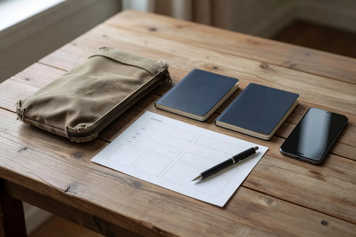 Pochette de voyage, deux carnets de documents, formulaire imprimé et téléphone posés sur une table en bois