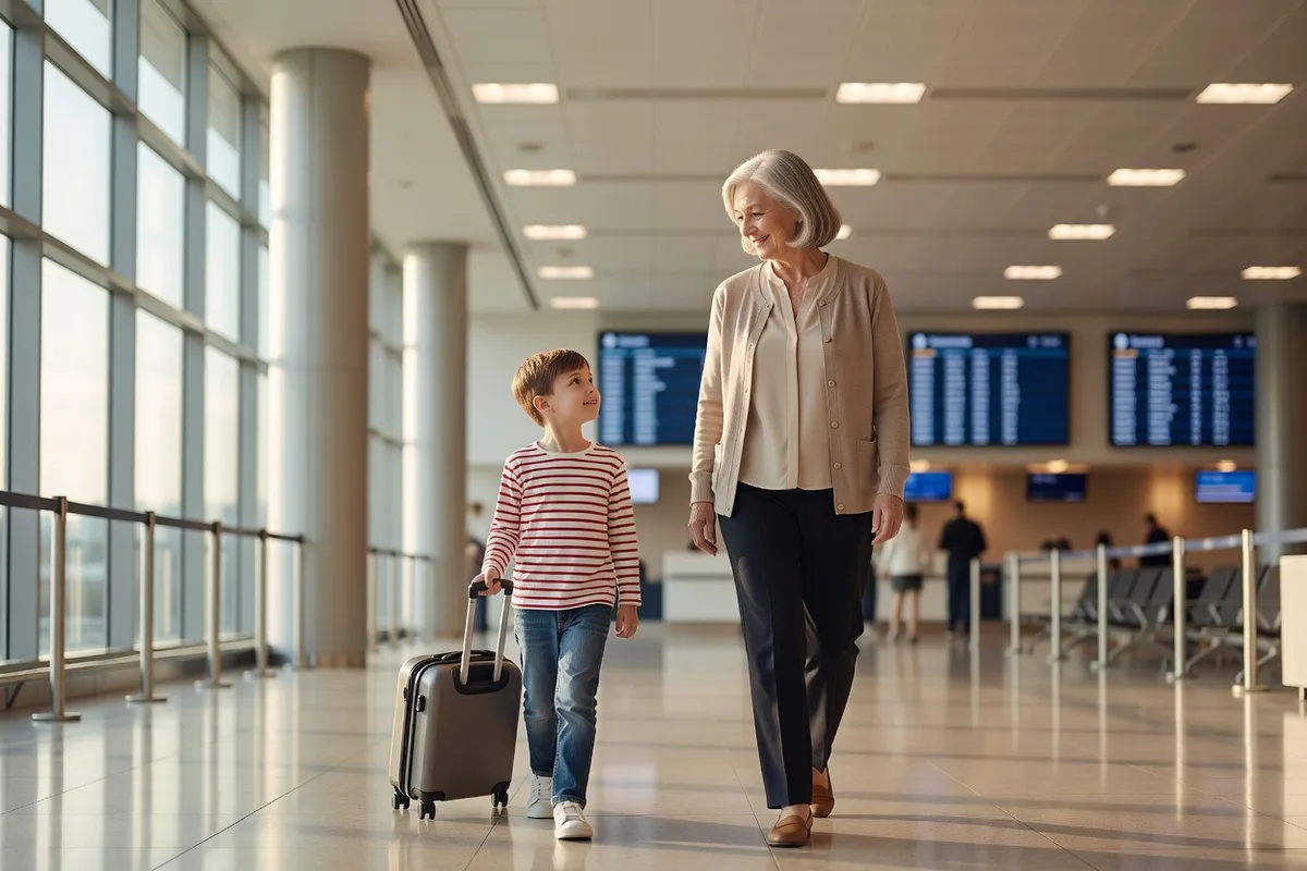 Une grand-mère et un enfant marchent côte à côte dans un hall d'aéroport avec une petite valise