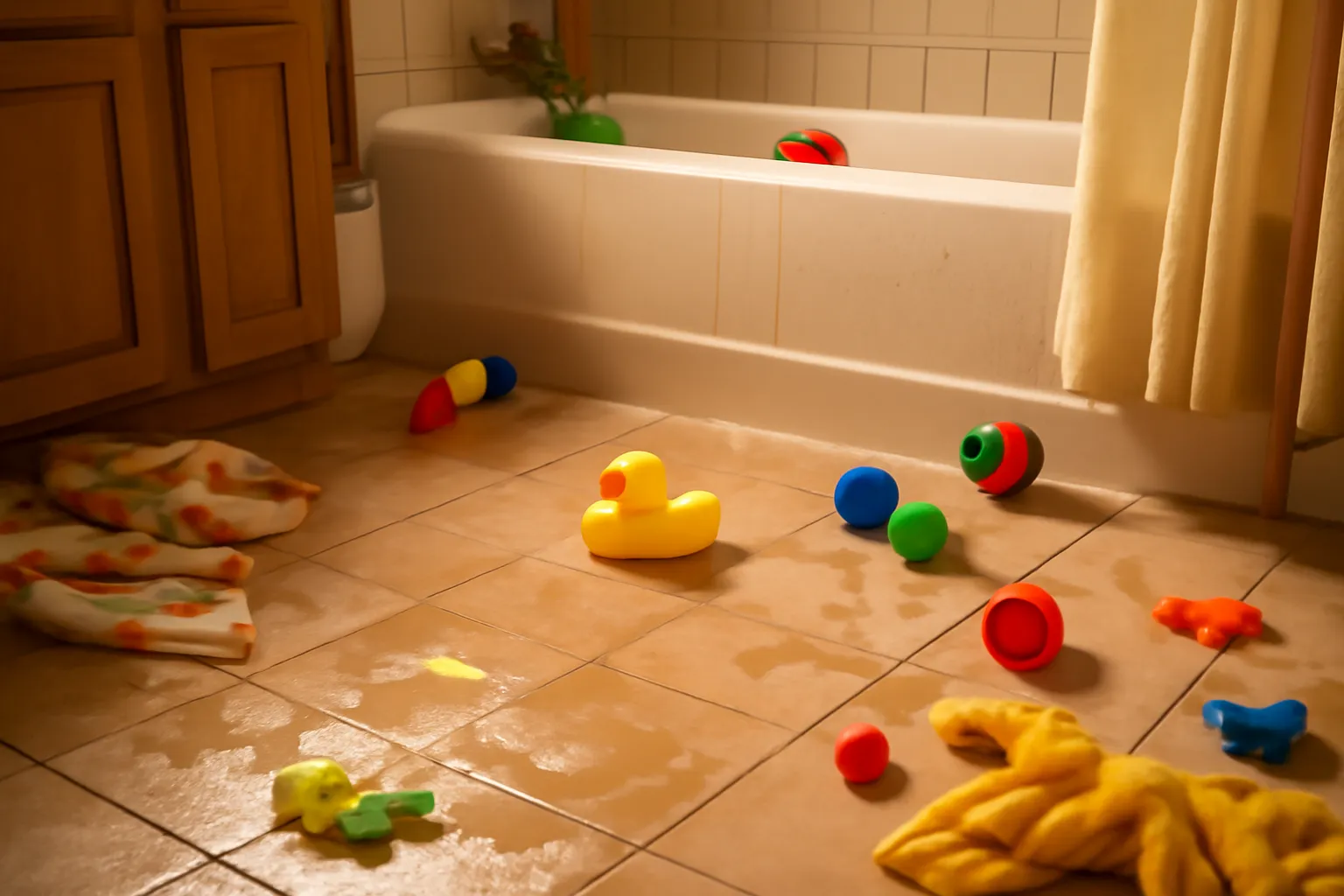 Le champ de bataille aquatique post-bain, une scène familière